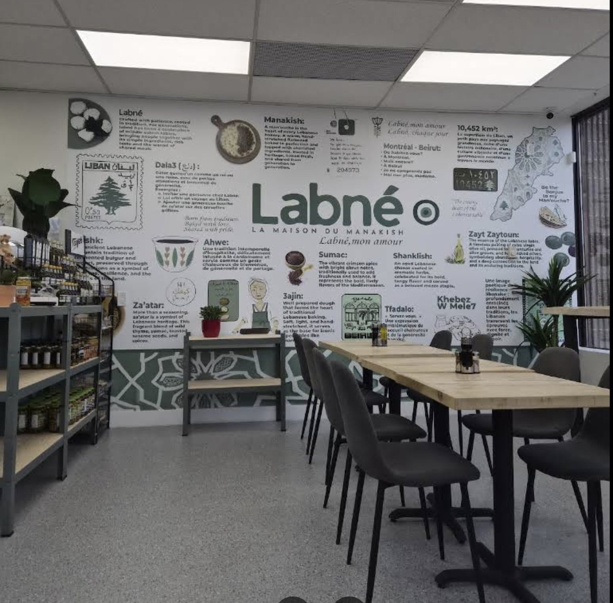 Mur illustré du restaurant Labné racontant l'histoire du manakish et du Liban
